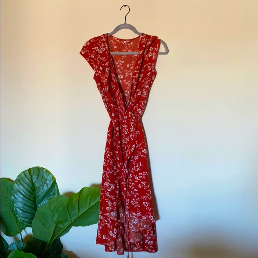 Red Floral Midi Wrap Dress